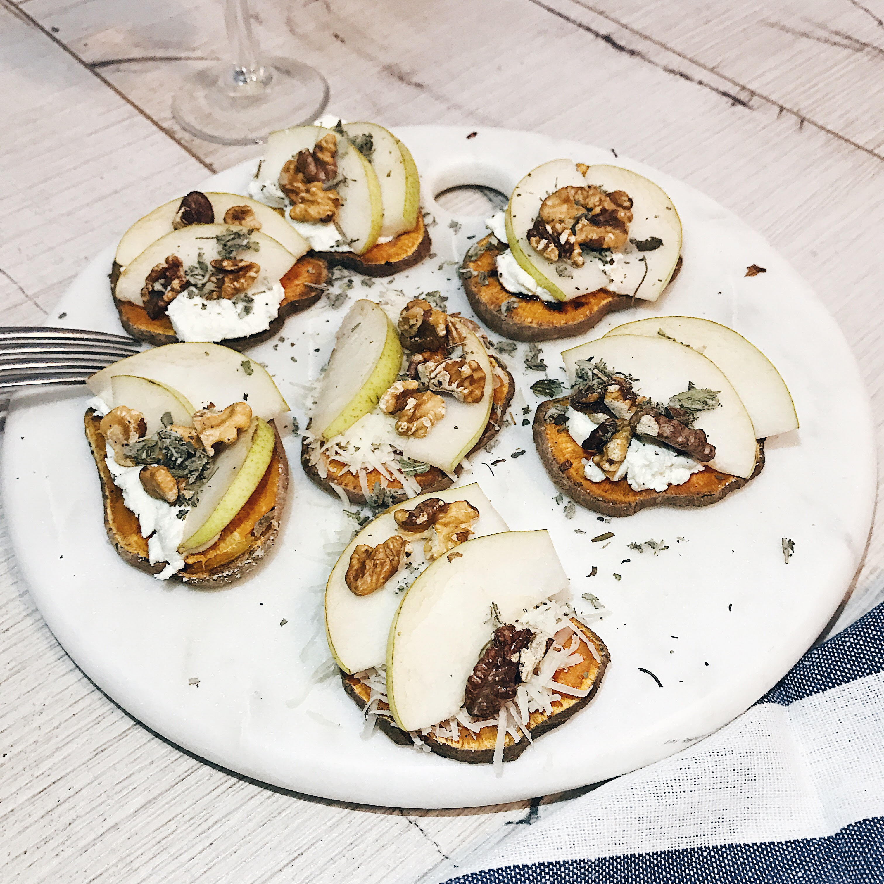 @projectfairytale: Sweet Potato Crostinis with Goat Chees, Gruyere, Pears and Nuts
