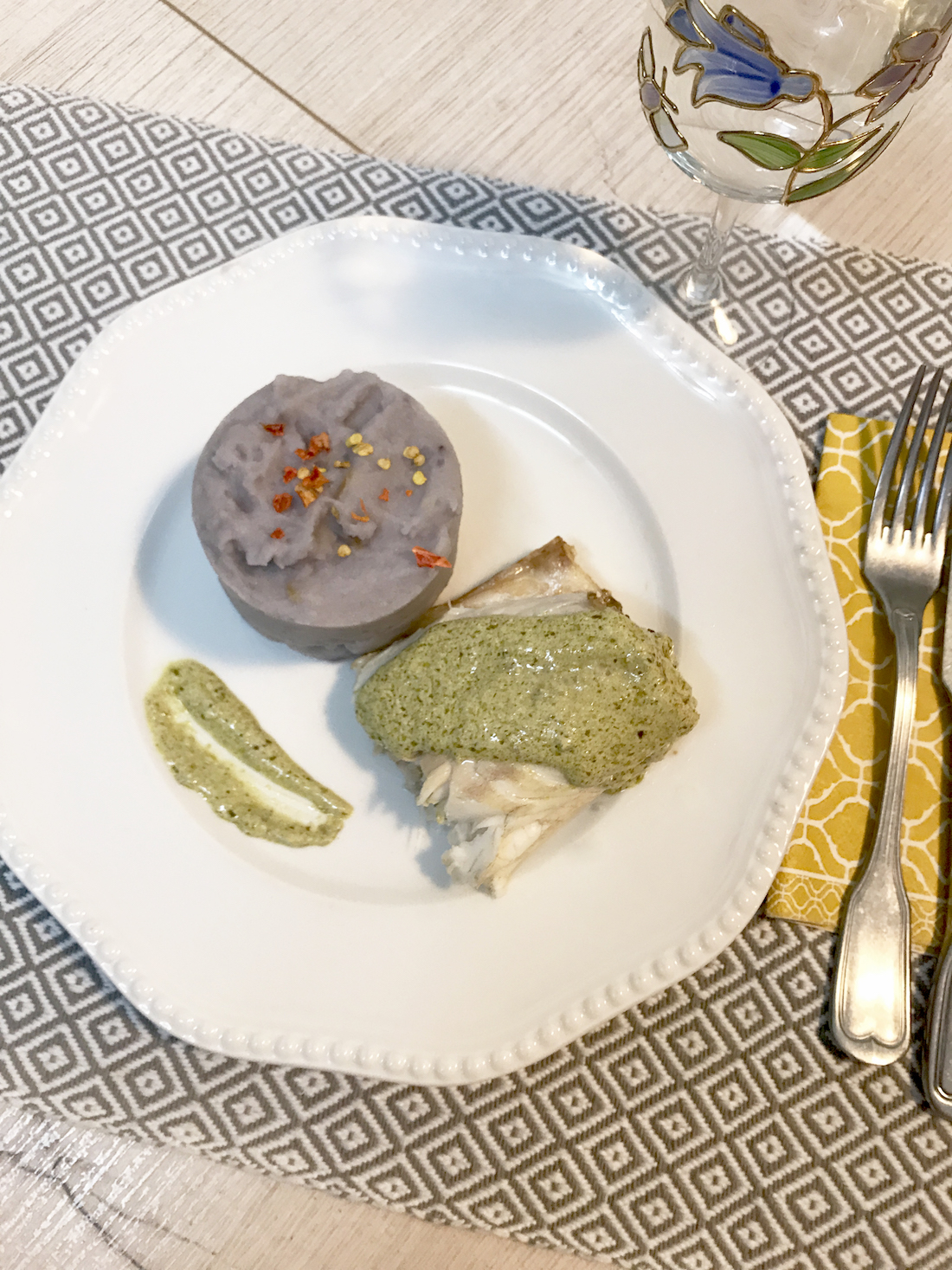 @projectfairytale: Purple Potatoes Puree with Baked Seabass and Green Sauce